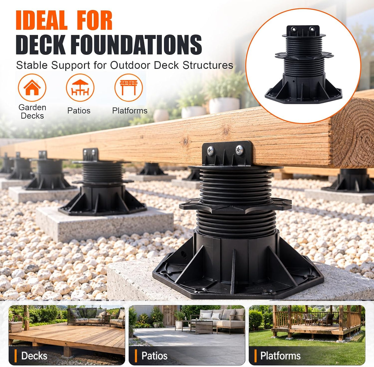 adjustable support pedestal foundation base for floating deck, front angle view