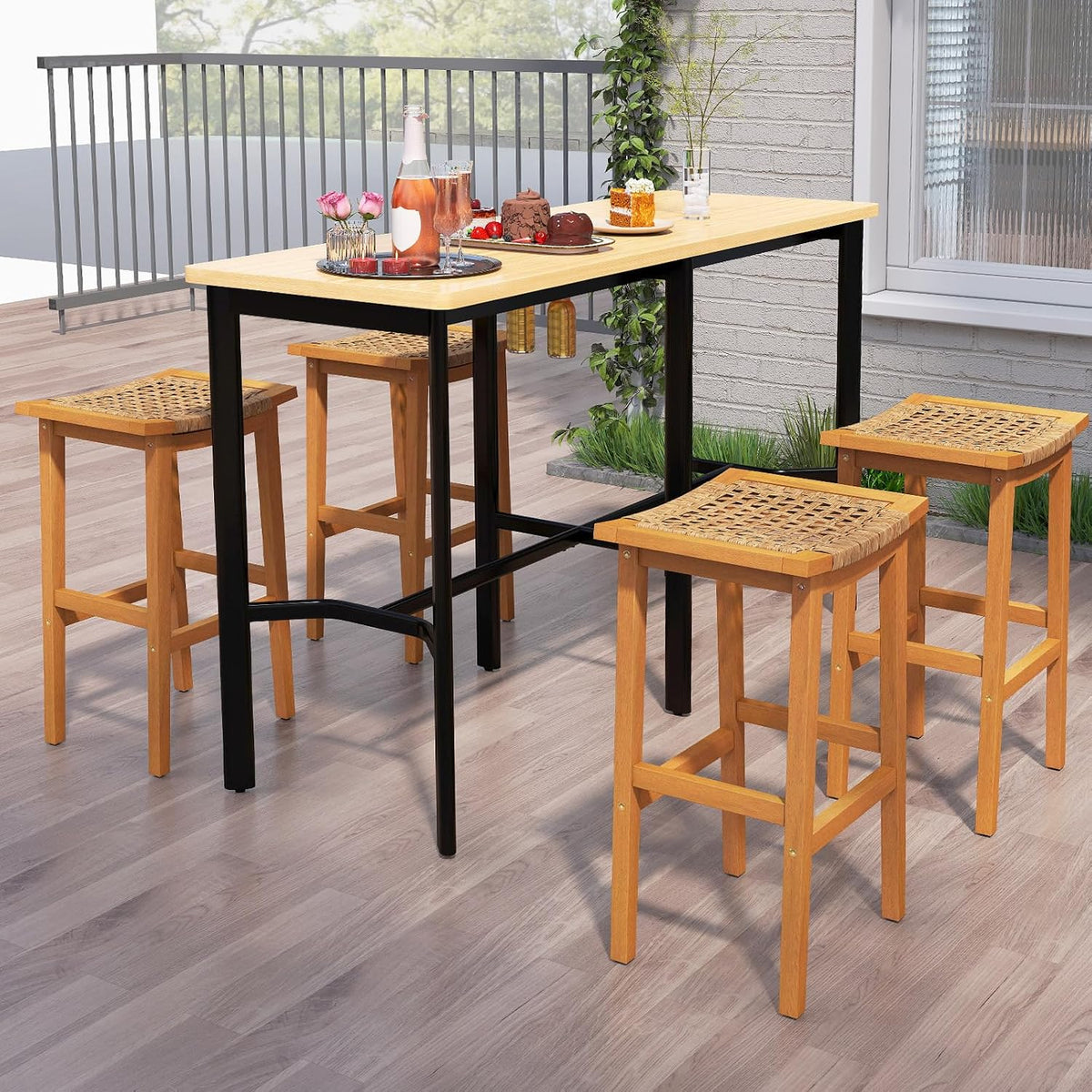 GIANTEX Outdoor Wooden Bar Stools Set of 2, 29" Backless Patio Barstools with PE Rattan Saddle Seat & Footrest, Solid Acacia Wood Bar Height Stools for Porch, Garden, Backyard, Poolside, Armless