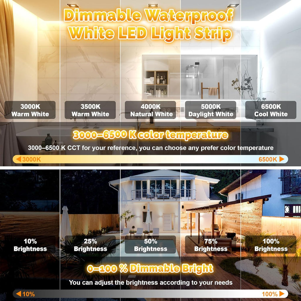 100FT Outdoor LED Strip Lights Waterproof IP67, Dimmable 3000K-6500K Warm White LED Rope Lights Outdoor Waterproof with Remote & APP, 24v Adhesive Exterior Lighting for Patio, Deck, Gazebo