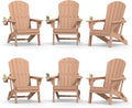 Plawdlik Folding Adirondack Chair Set of 6 with Cup Holder，Wooden Textured ，Heavy All-Weather HDPE Comfortable Set Poolside Backyard Lawn, Teak
