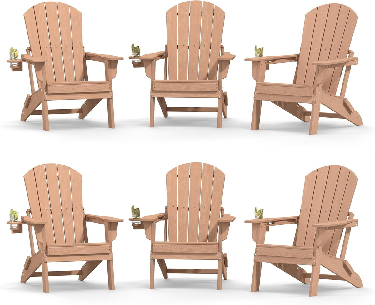 Plawdlik Folding Adirondack Chair Set of 6 with Cup Holder，Wooden Textured ，Heavy All-Weather HDPE Comfortable Set Poolside Backyard Lawn, Teak