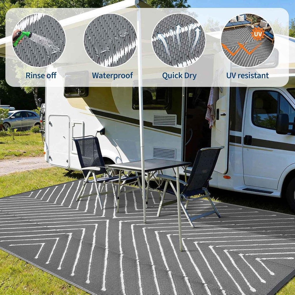 Garvee 8x10 Outdoor Patio Carpet Reversible Waterproof, Large Portable RV Camping Rug for Deck, Porch, Backyard, Balcony, Beach, Grey&White Outdoor Mat