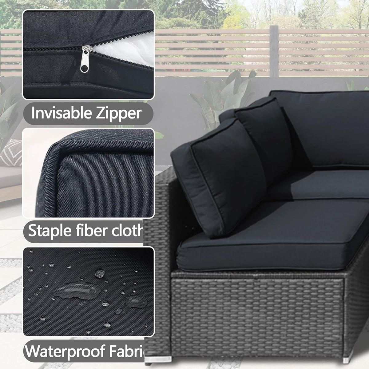 11 Pcs Outdoor Patio Cushion Cover Replacement, Waterproof Patio Cushion Covers, Outdoor Furniture Cushion Covers Set for 6 Seat Wicker Rattan Sofa (Dark Black)