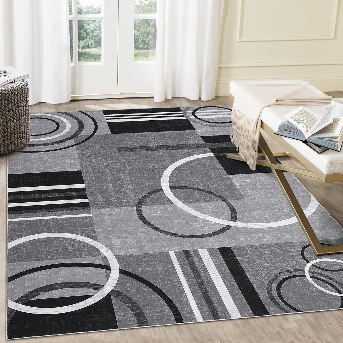 RUGSREAL Washable Rug 5x7 Abstract Circles Area Rugs Non Slip Floor Carpet