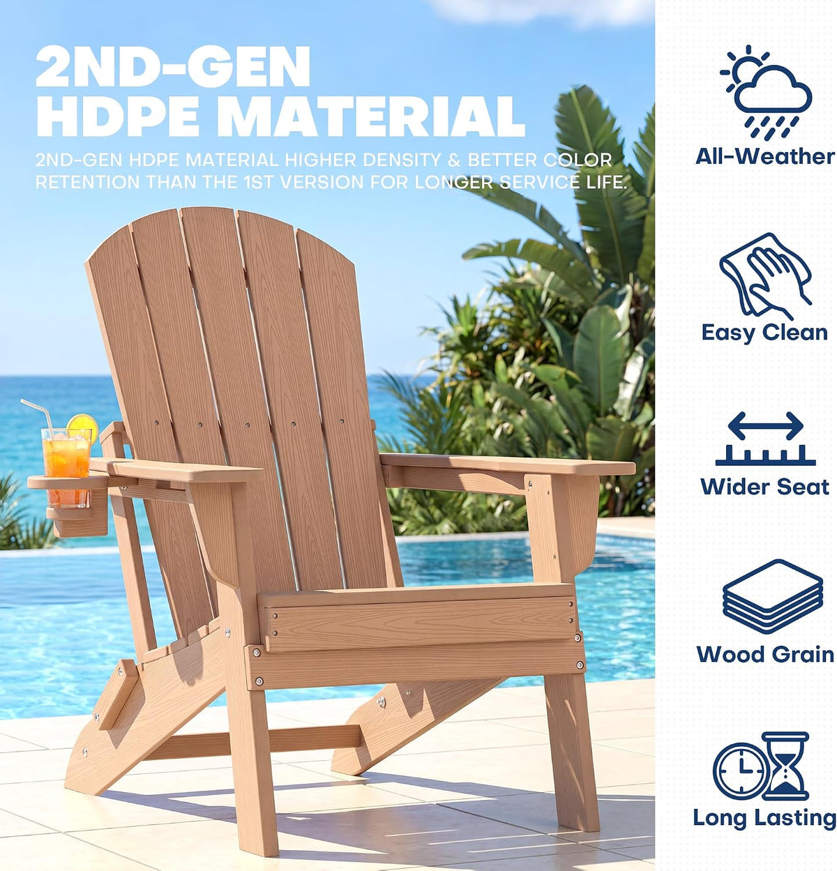 HDPE Folding Adirondack Chair with Cup Holder, Cedar