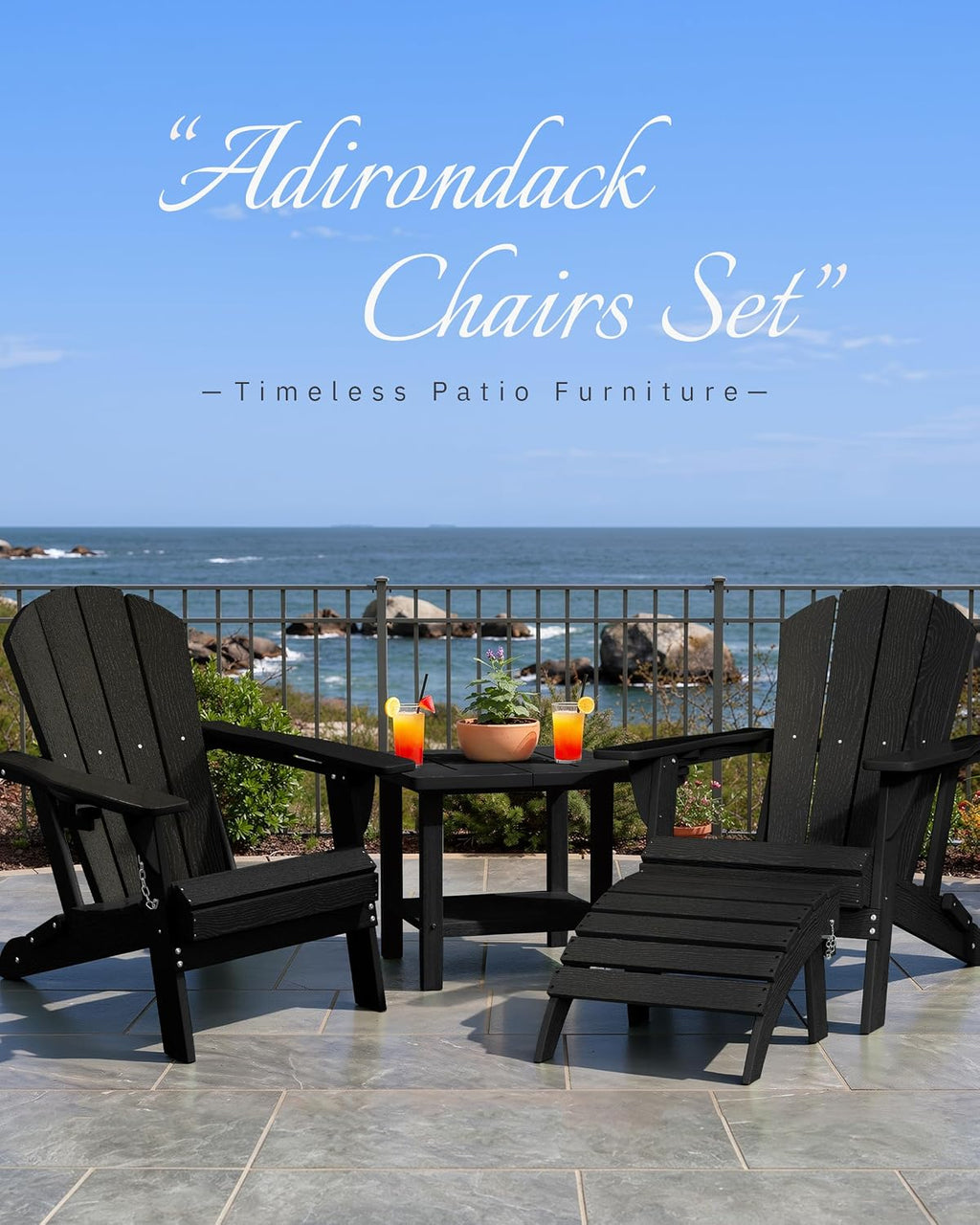 AreShark HDPE Folding Adirondack Chair with Cup Holder, Set of 2, Black