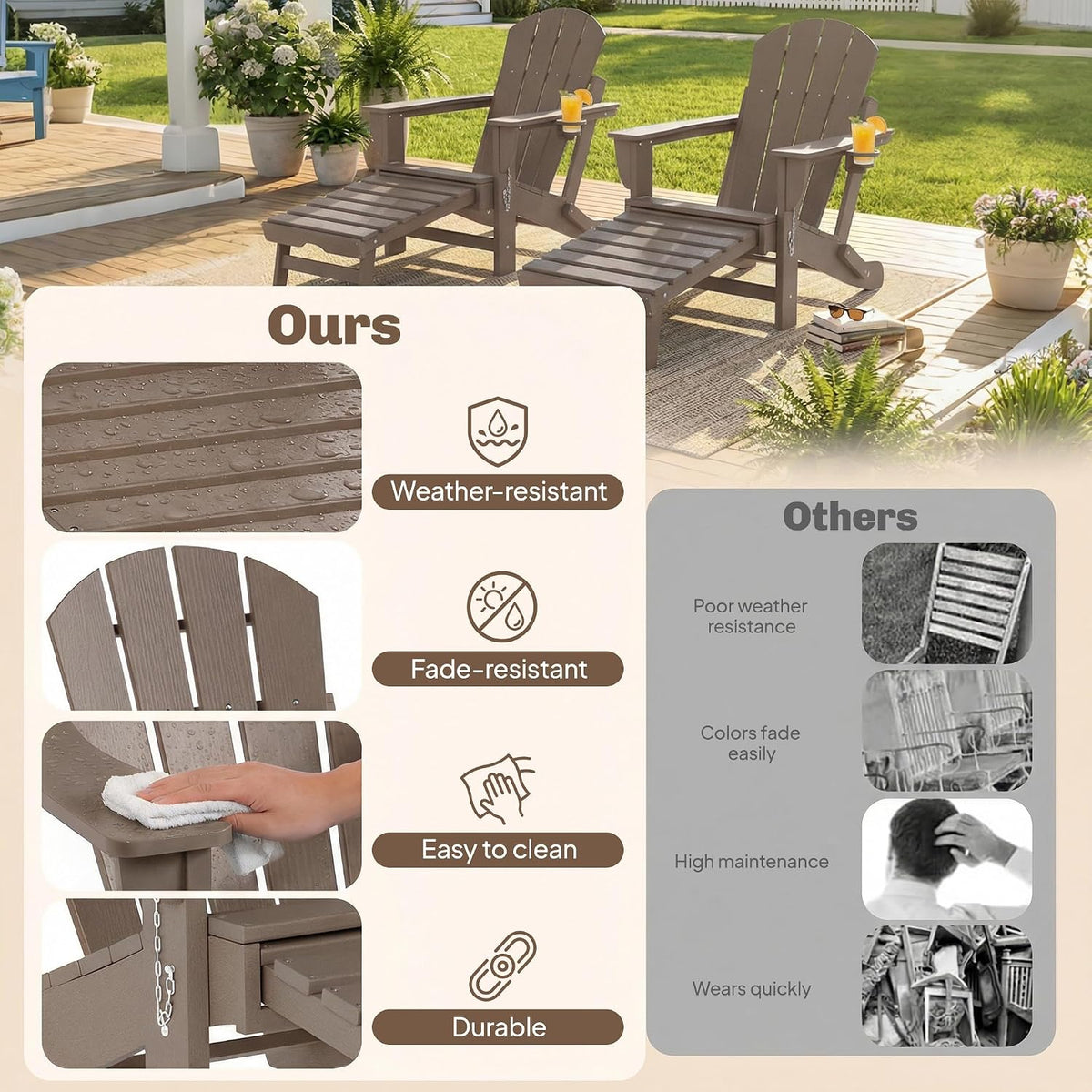 Outsunny Folding Adirondack Chair Set of 2 with Retractable Ottoman Brown