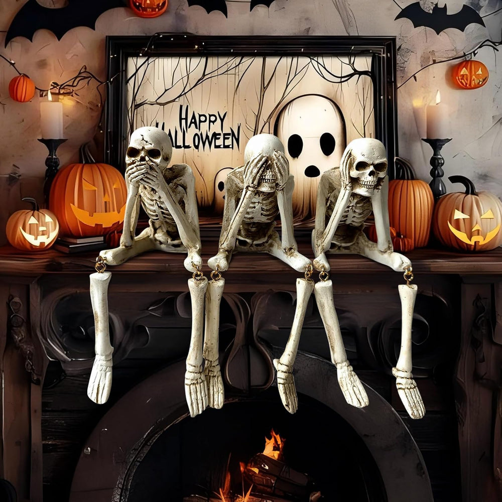 Halloween Skeleton Statues Set of 3, White Halloween Resin Skeleton Decor