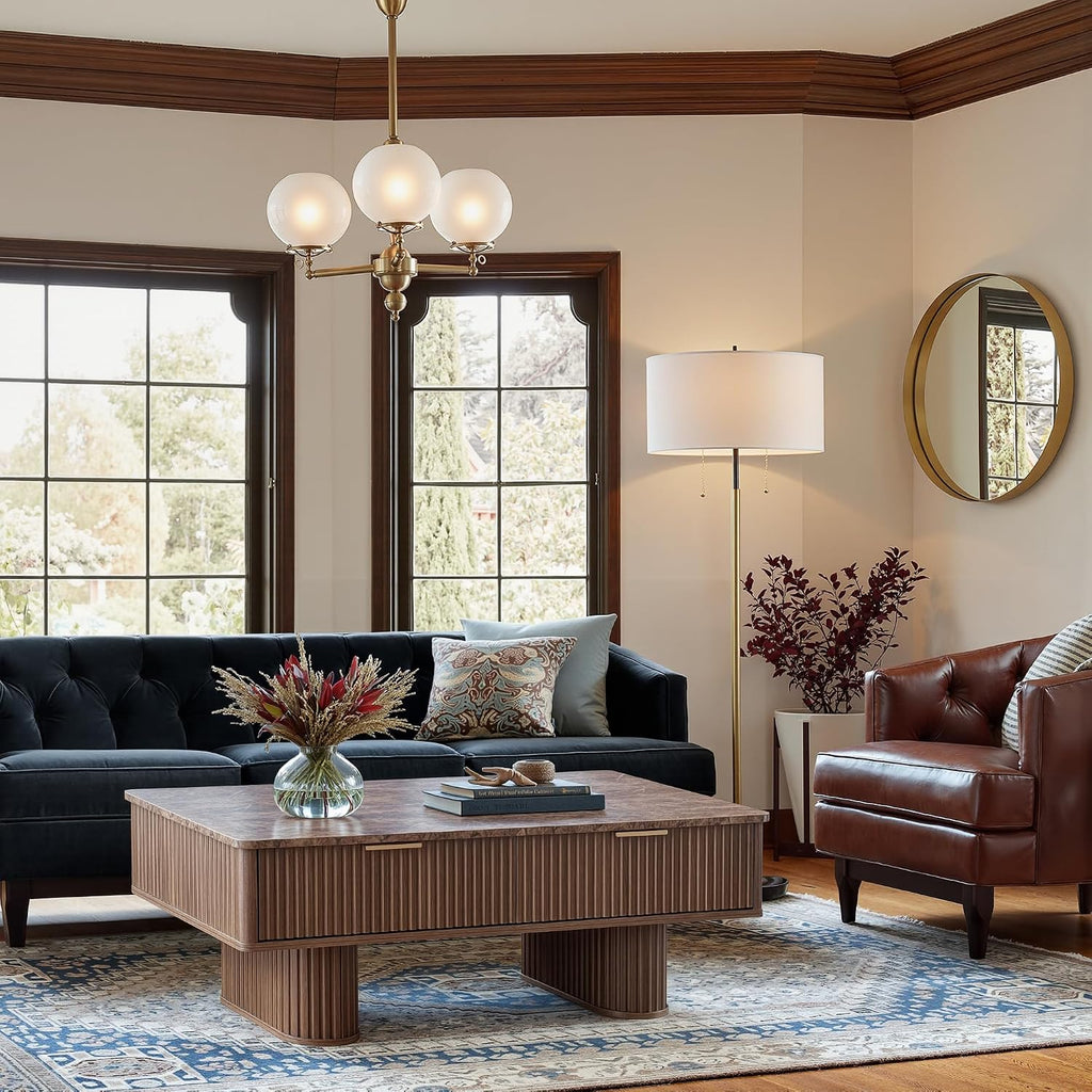 win2win Rectangle Coffee Table with Storage, Faux Marble Top, Walnut