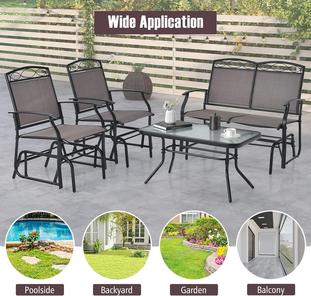 GIANTEX 4 PCS Outdoor Glider Chairs Set - Patio Furniture Set with Tempered Glass Table, Heavy-Duty Metal Frame, Gliding Rocking Chair, Conversation Set for Front Porch, Yard, Poolside (4 PCS, Brown)