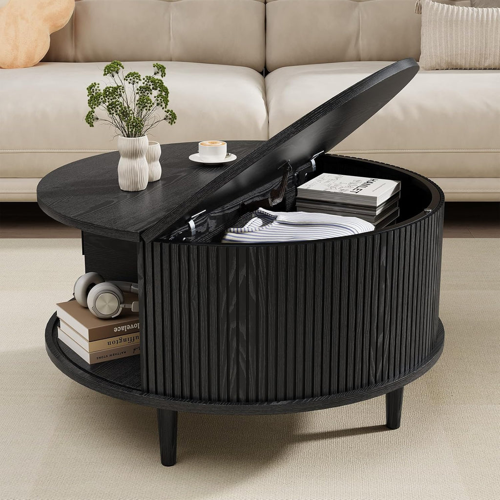 Round Coffee Table with Storage, Mid Century Modern Coffee Table, Fluted Dining Table with Sliding Door, Circle Coffee Table for Living Room Home Office, 31.5", Black