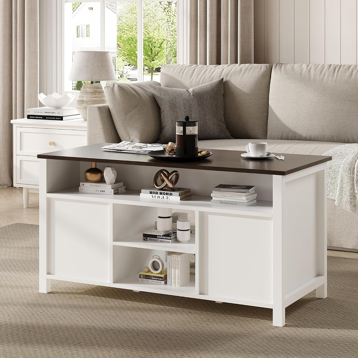 MHOM Farmhouse Coffee Table with Storage, Rustic Living Room Table with Sliding Barn Doors & Hidden Compartment, Wooden Center Table for Living Room, White