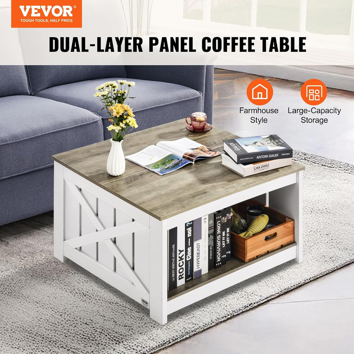 VEVOR 31.5" Farmhouse Coffee Table, Square Coffee Table with Open Storage Compartment, Wooden Rustic Cocktail Table for Living Room, Bedroom, Apartment, Studio, Grey & White
