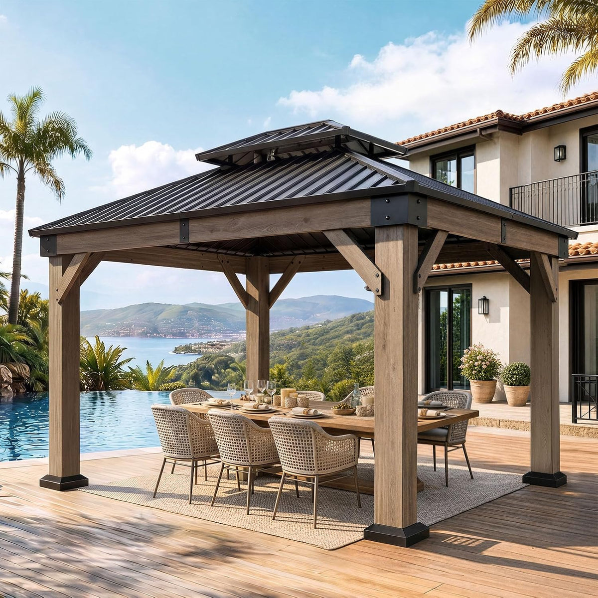 Aoxun 10' x 12' Cedar Wood Gazebo with Double Galvanized Steel Roof, Gray