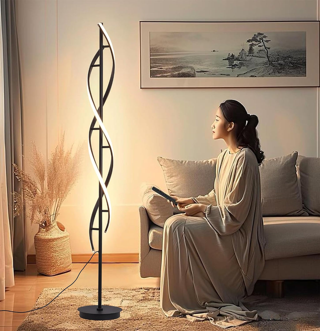 NKU Spiral Floor Lamp for Living Room Modern LED Floor Light with Remote Dimmable Control Sleek Spiral Design Corner Lamp for Bedroom and Office Lighting Tall Standing Black 63 Inch