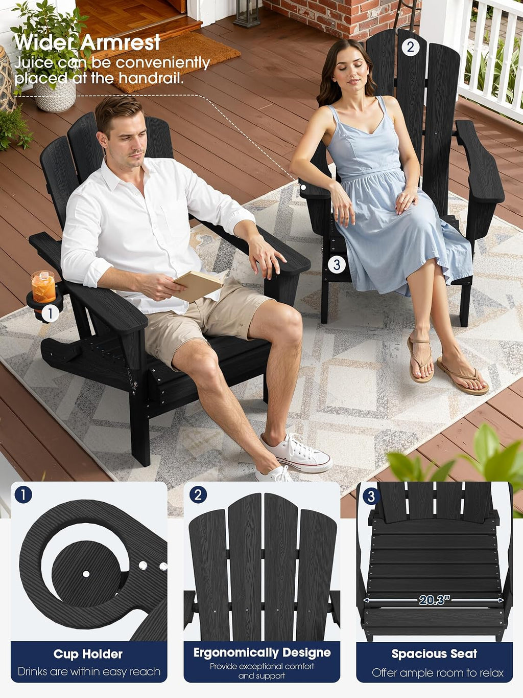 KINGYES Folding Adirondack Chair, All-Weather HDPE Material, Black, 8 Pack (4 Pack)