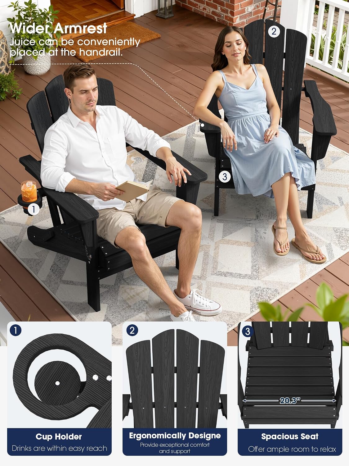 KINGYES Folding Adirondack Chair, All-Weather HDPE Material, Black, 8 Pack (4 Pack)