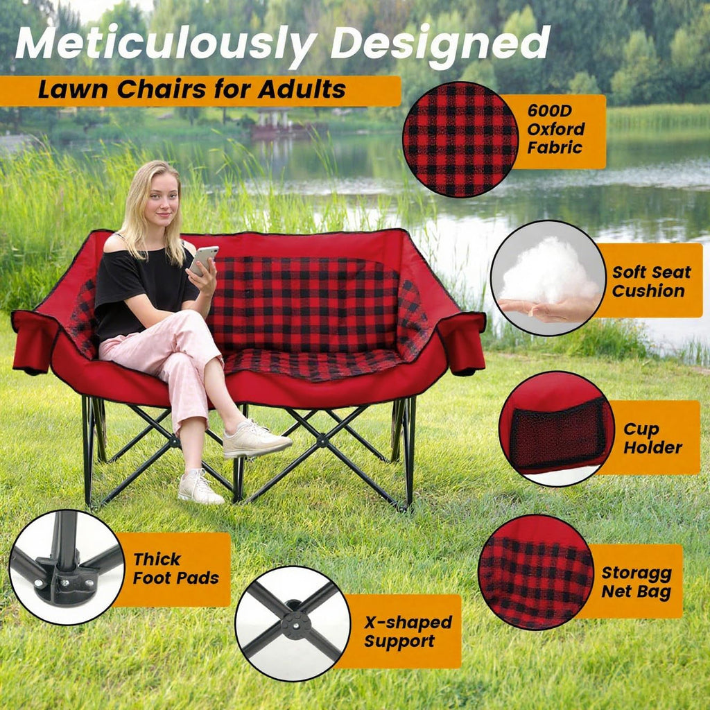 Heated Double Camping Chair with 2 Battery, Padded Camping Couch with 3 Heat Levels and 4 Heating Zones, Oversized Camp Loveseat Support 800lbs for Soccer Games, Tailgating, RV Travel, Beach Days