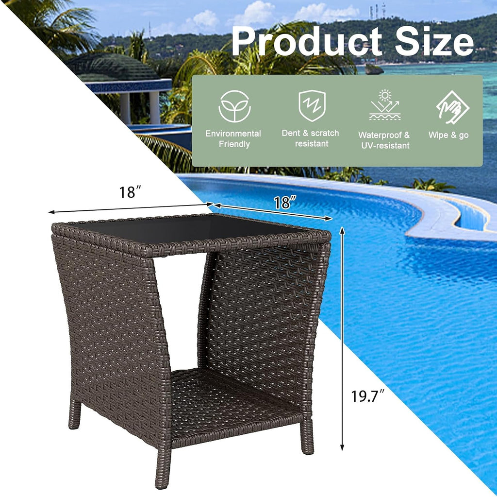 kinbor Outdoor Wicker Side Table, Tempered Glass Top & Storage Shelf, Brown