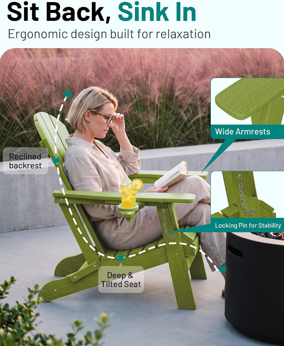 PLUUV Folding Adirondack Chairs Set of 6 with Cup Holder, Apple Green