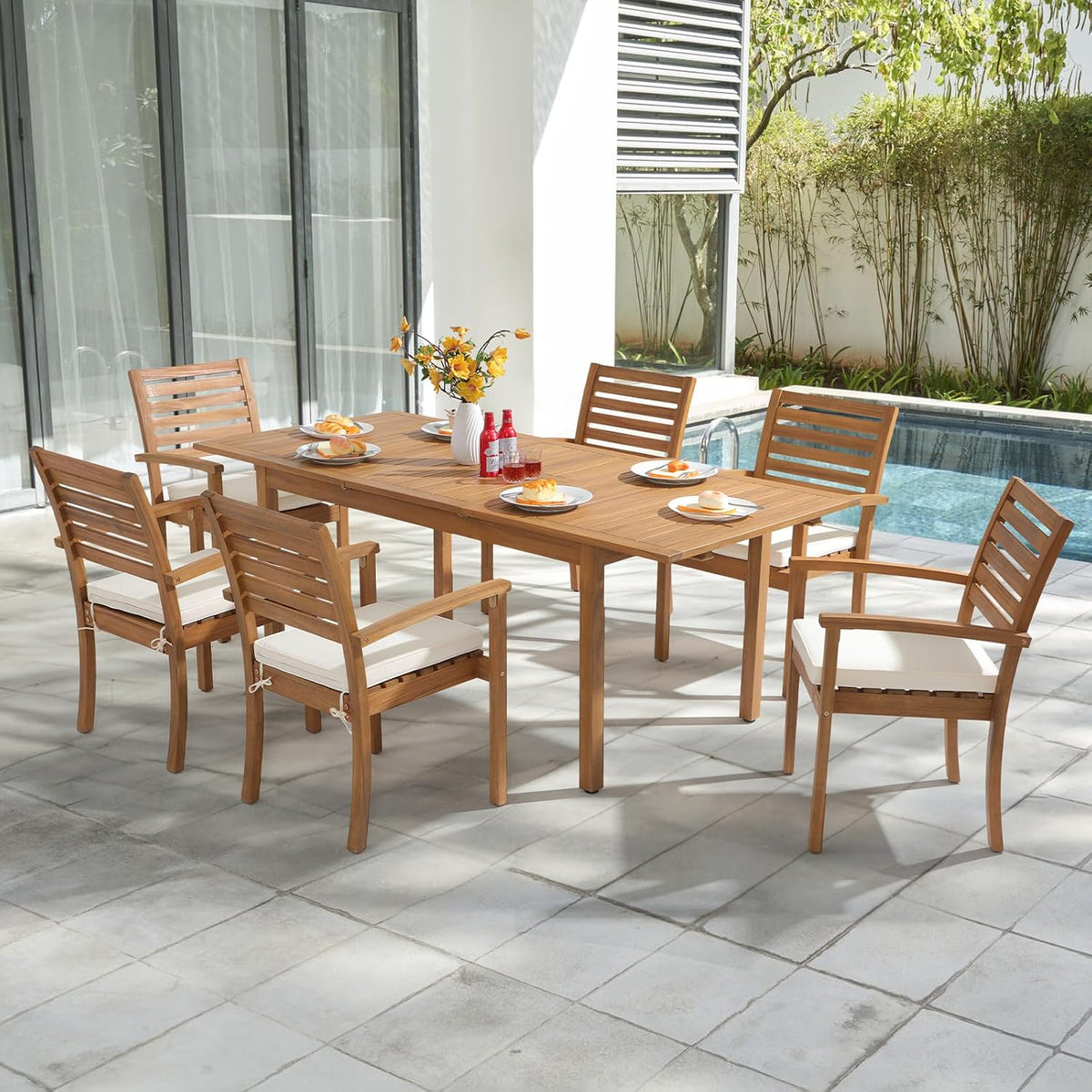 OC Orange-Casual Stackable Patio Dining Chairs Set of 8, Acacia Wood,Beige