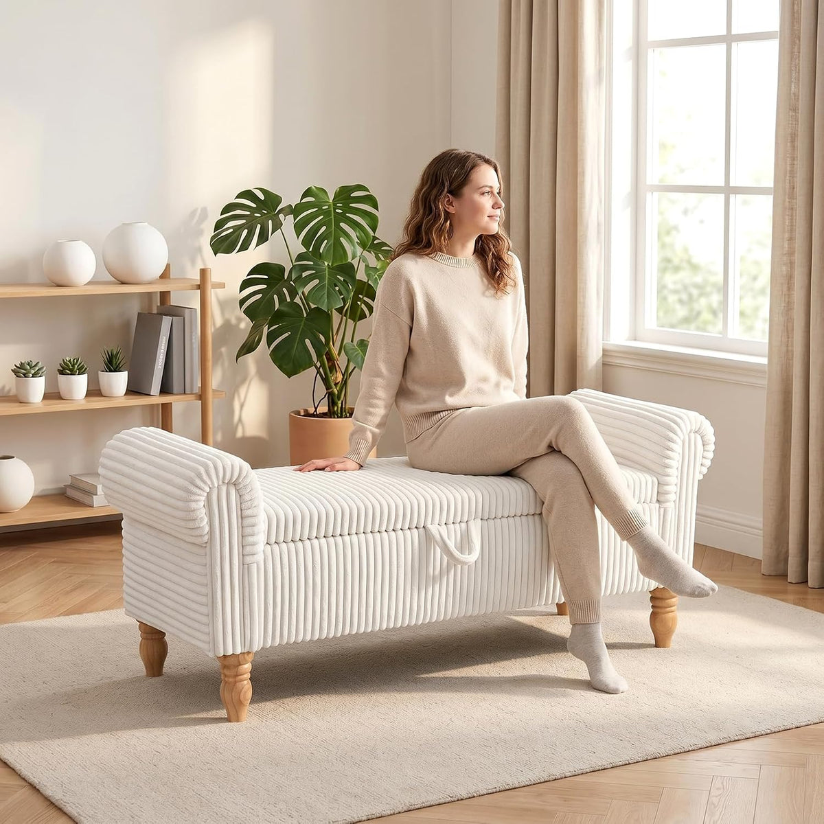 55" Storage Ottoman Bench, Corduroy End of Bed Bench for Bedroom, White