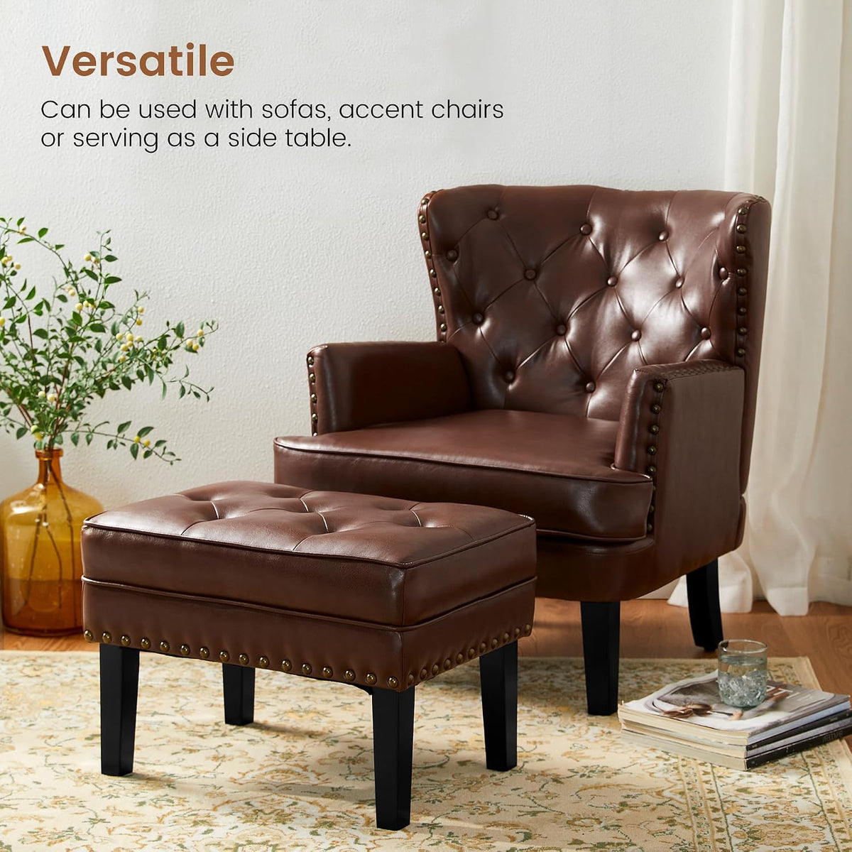 Glitzhome Mid-Century Faux Leather Ottoman, Modern Accent Stool PU Leather Foot Stool, Vanity Stool Ottoman Foot Rest Make Up Stool for Living Room, Coffee