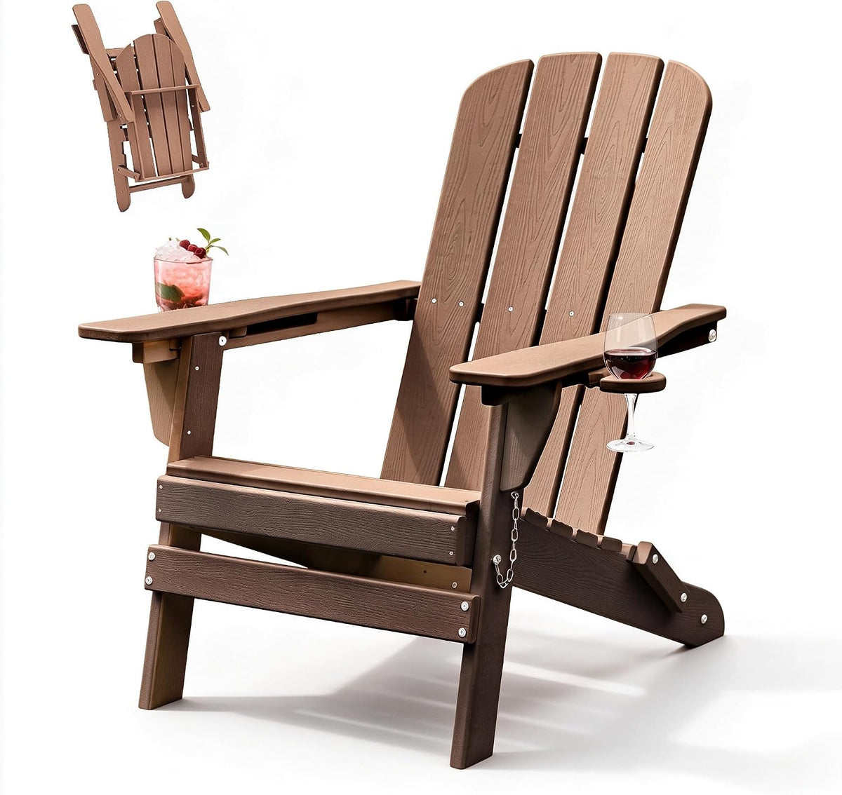 Folding Adirondack Chair with 2 Cup Holders, HDPE Plastic Patio Chairs