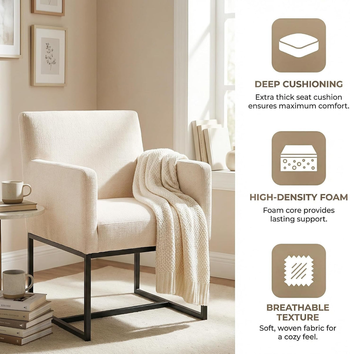 HNY Mid Century Modern Upholstered Dining Chairs with Arms Set of 6, Linen Accent Chairs with Black Finish Metal Frame, 19" Wide Arm Chairs for Living Room Kitchen Bedroom, Cream