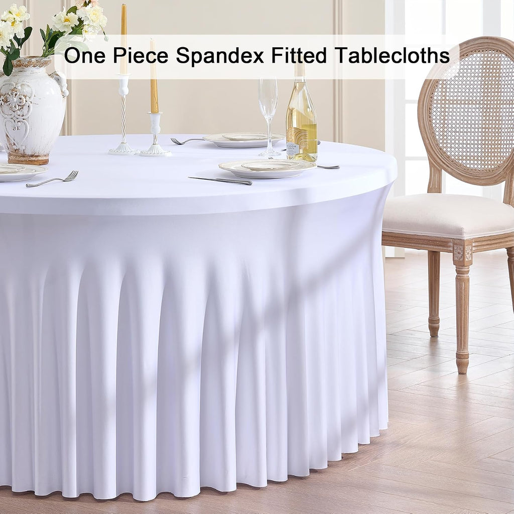 Outpain 6 Pack White Round Spandex Tablecloths for 60in Tables, 120Inch Stretchy Fitted 5FT Round Table Clothes,Wrinkle Free Table Cover with Skirt for Wedding Party Dining Banquet