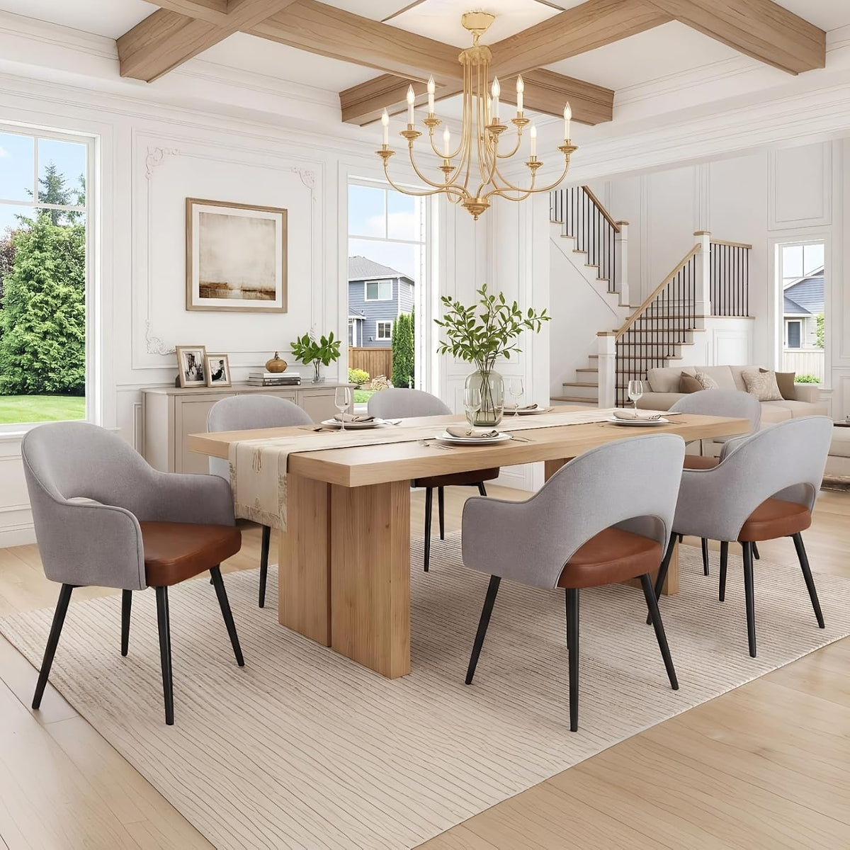 DUOMAY Modern Swivel Dining Chairs Set of 2, Linen & Faux Leather Upholstered Accent Side Chair, Accent Guest Chair for Kitchen Dining Room Living Room, Light Gray & Brown
