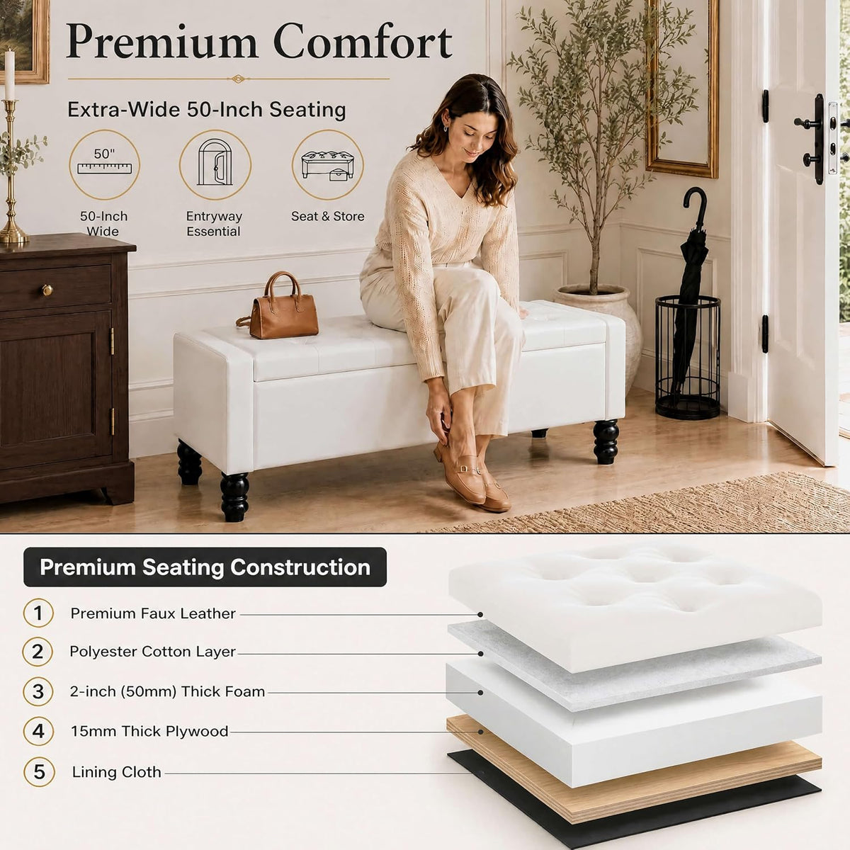 50 inch faux leather storage ottoman bench for showing dimensions
