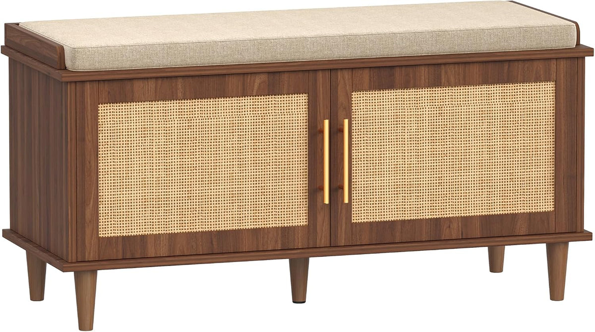 Akxomel 39.4" Rattan Shoe Storage Bench 2 Doors Entryway Bench Walnut