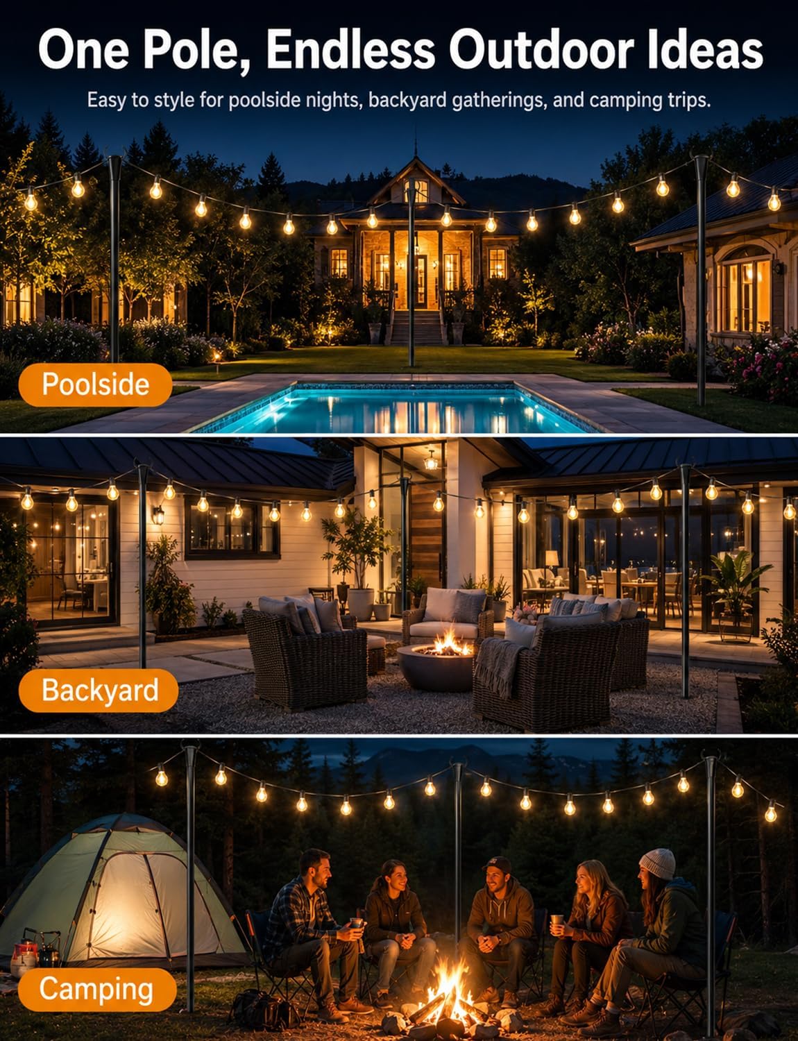 string light poles for outside, adjustable metal patio shown in use