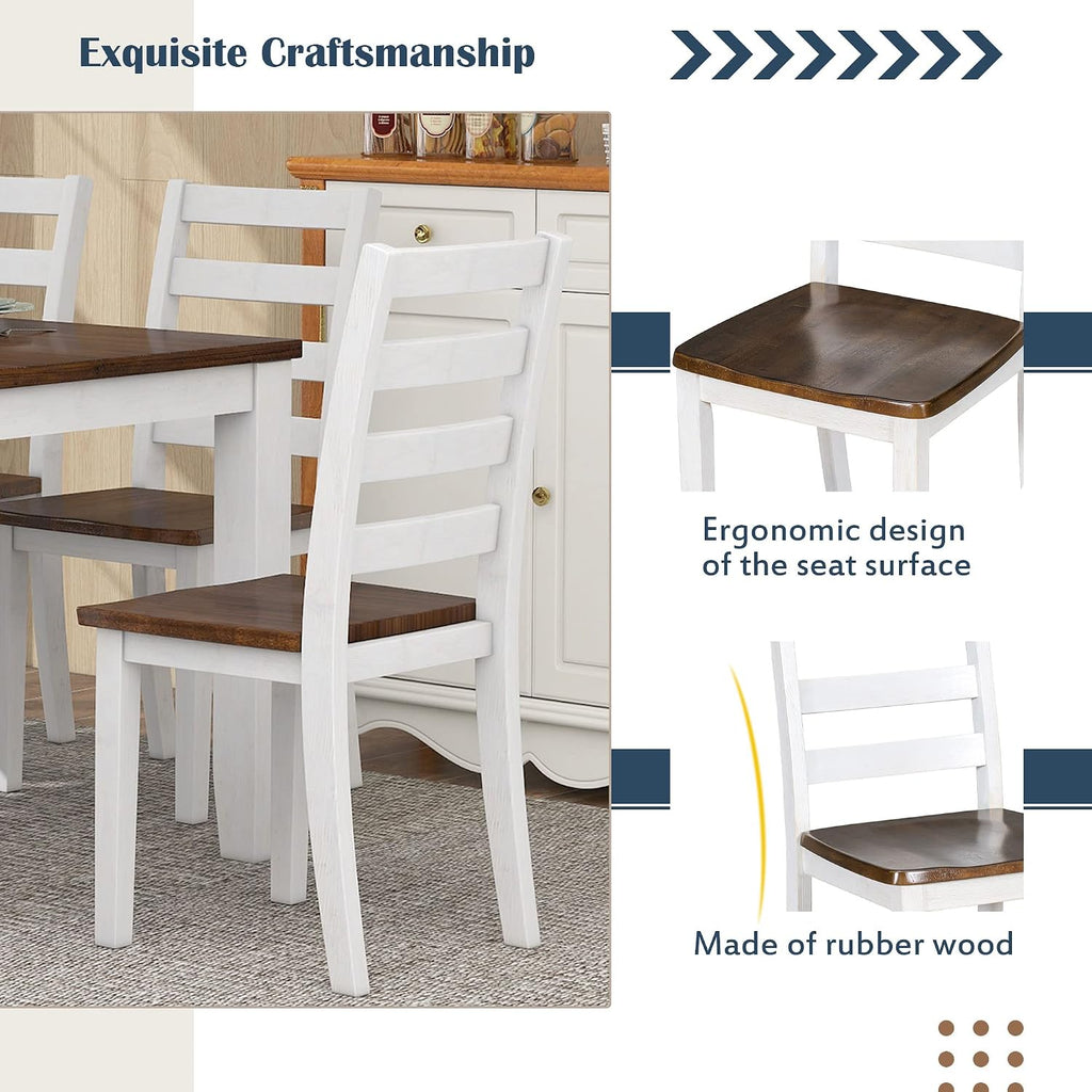 LUMISOL Solid Wood Kitchen Table Set with 4 Chairs & Long Bench, Walnut Cottage White (6 Piece)