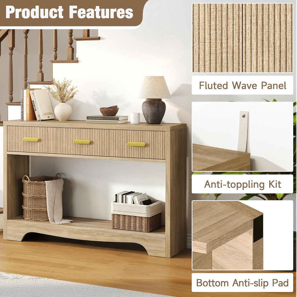 Luoxiao Fluted Console Table, 47" Entryway Table with 3 Drawers Storage