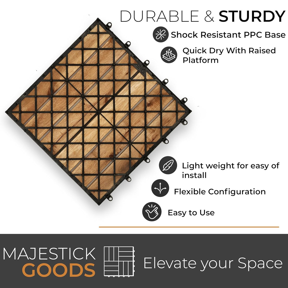 majestick goods 24-pack long slat acacia wood interlocking showing dimensions