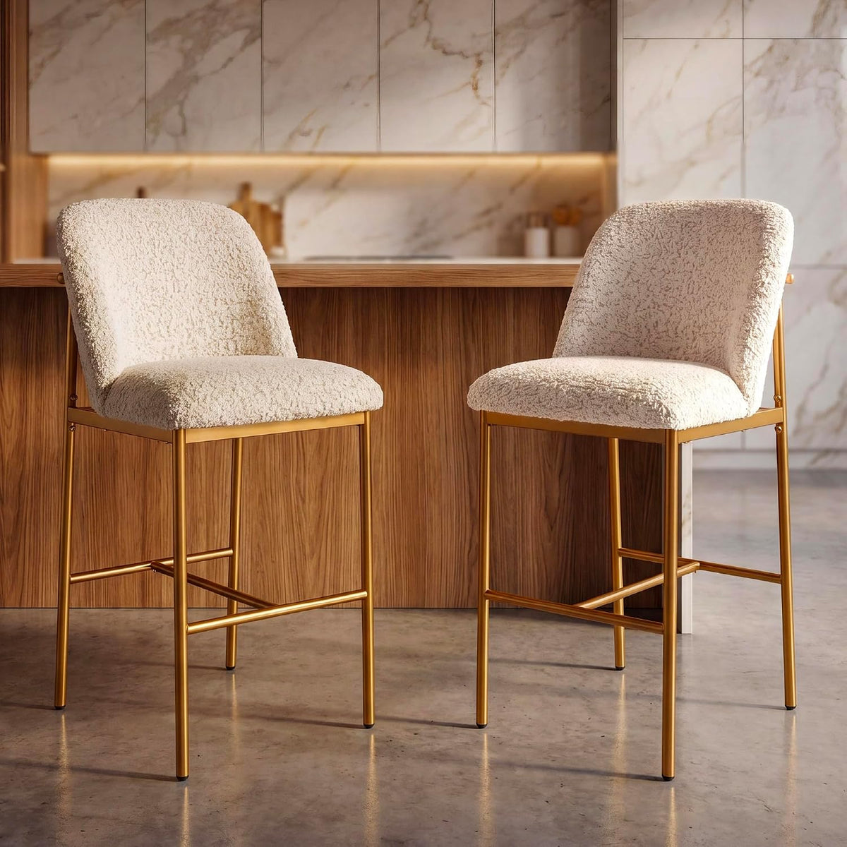 COLAMY Counter Height Bar Stools Set of 6, Modern Tweed Upholstered Kitchen Island Chairs with 3" Thick Cushion and Matte Gold Frame, Luxury 25 Inch Barstools with Back for Home Bar Dining Room, Beige