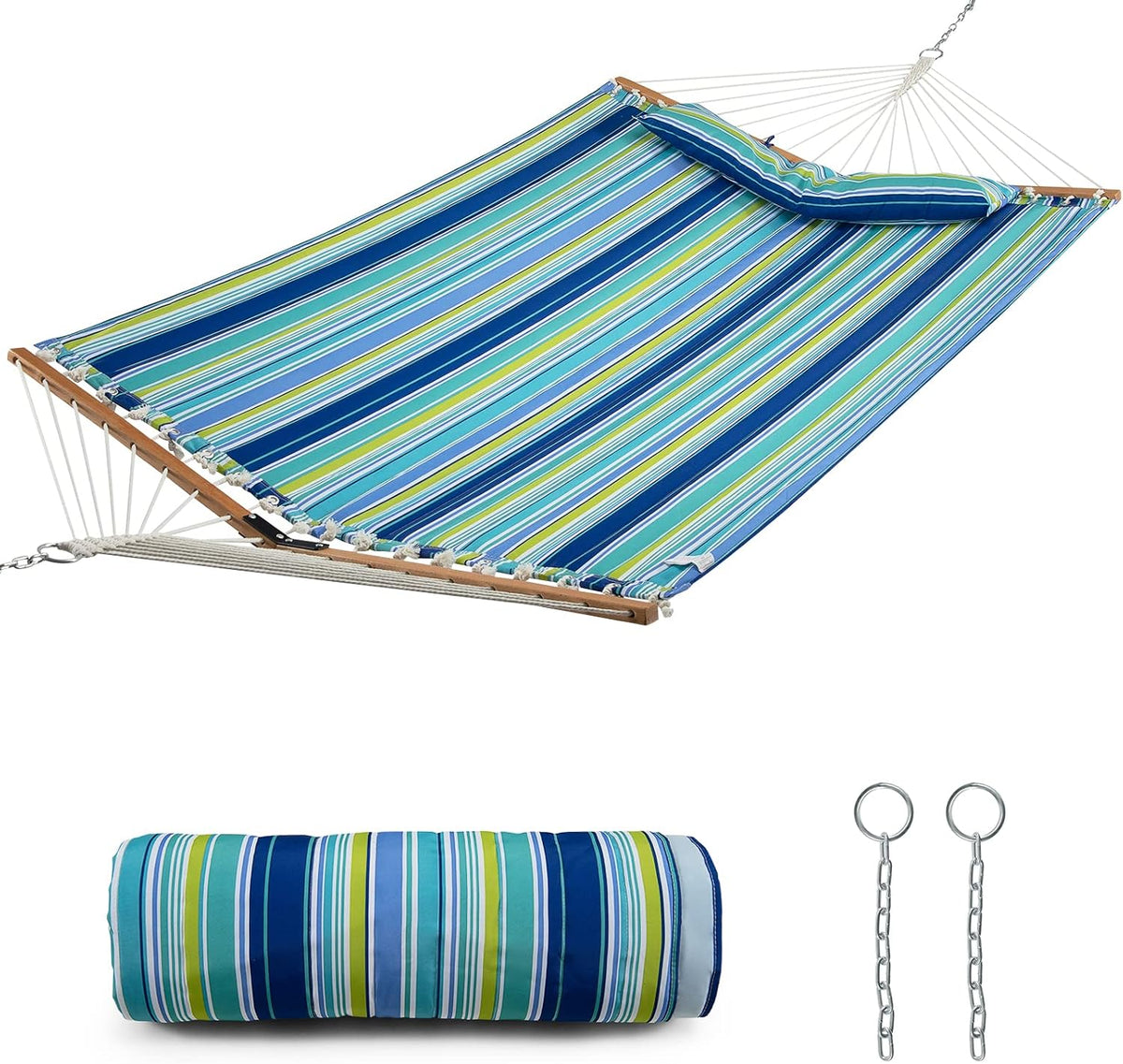 Tangkula 10.5FT Heavy Duty Double Hammock w/Detachable Pillow (Blue+Green)