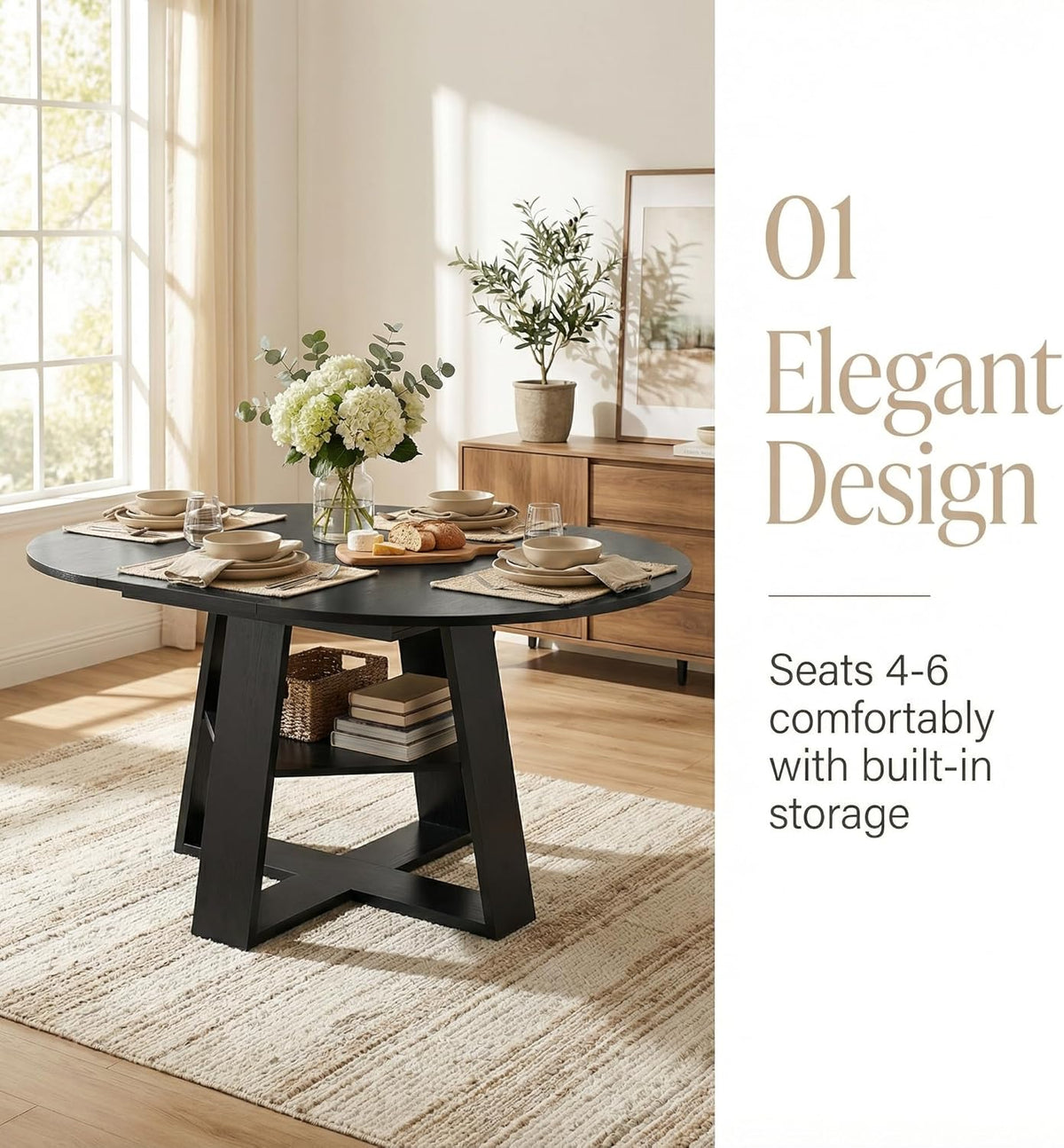 5 Piece Round Extendable Dining Table Set for 4, 43"-59" Black Wood Oval Expanding Kitchen Table with 4 Velvet Tufted Chairs, Space Saving Extendable Dining Room Tables with Storage Shelf