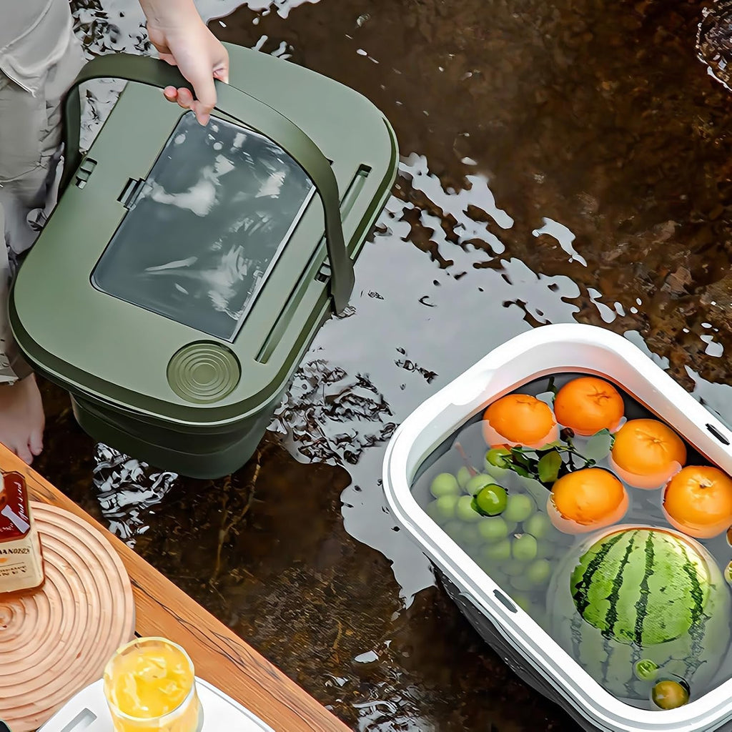Collapsible Picnic Basket 16L, Folding Basket for Picnic with Lid Table, Waterproof Large Picnic Basket with Handles, Portable Collapsible Storage Basket for Camping, Outdoor, Travel，Green