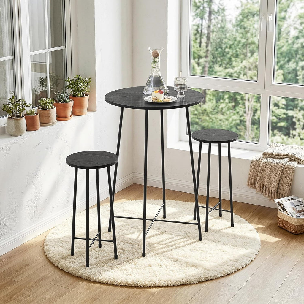 VECELO 3 Piece Pub Table and Chairs Sets Counter Height Bistro Bar Sets with 2 Barstools for Kitchen Breakfast Nook, Small Space, Apartment, Breakfast Dinner Restaurant, Black