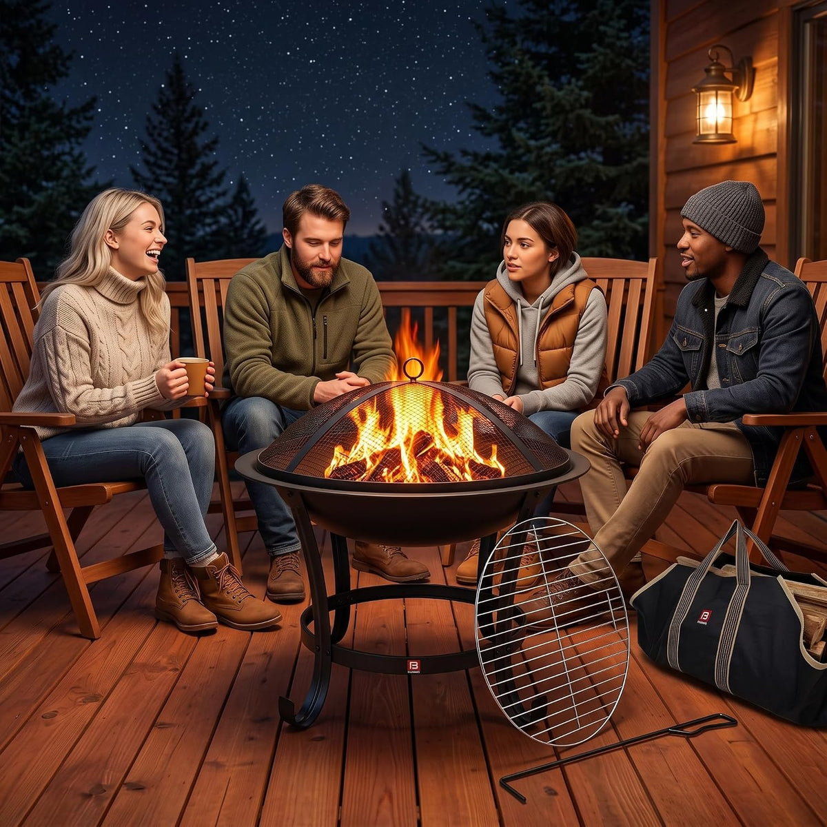 Fire Beauty 22" Fire Pit with 2-in-1 BBQ Grill, Spark Screen & Tote Bag
