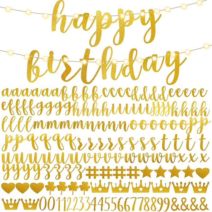 TaoBary 167 Pcs DIY Banner Kit Happy Birthday Glitter Banner Customizable Glitter Make Your Own Kit 162 Letters Symbols and Numbers 3 Rope for Birthday Halloween Wedding Christmas(Gold)