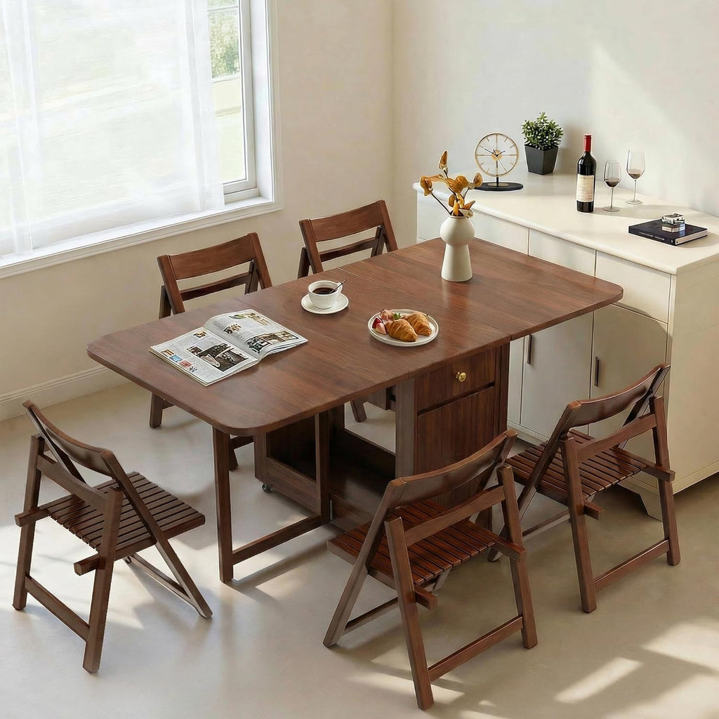Folding Dining Table and Chairs - 51" Fully Assembled Drop Leaf Table 4-6 Seater with Storage and Lockable Wheels, Space-Saving Set with 4 Chairs for Kitchen or Dining Room (Walnut)
