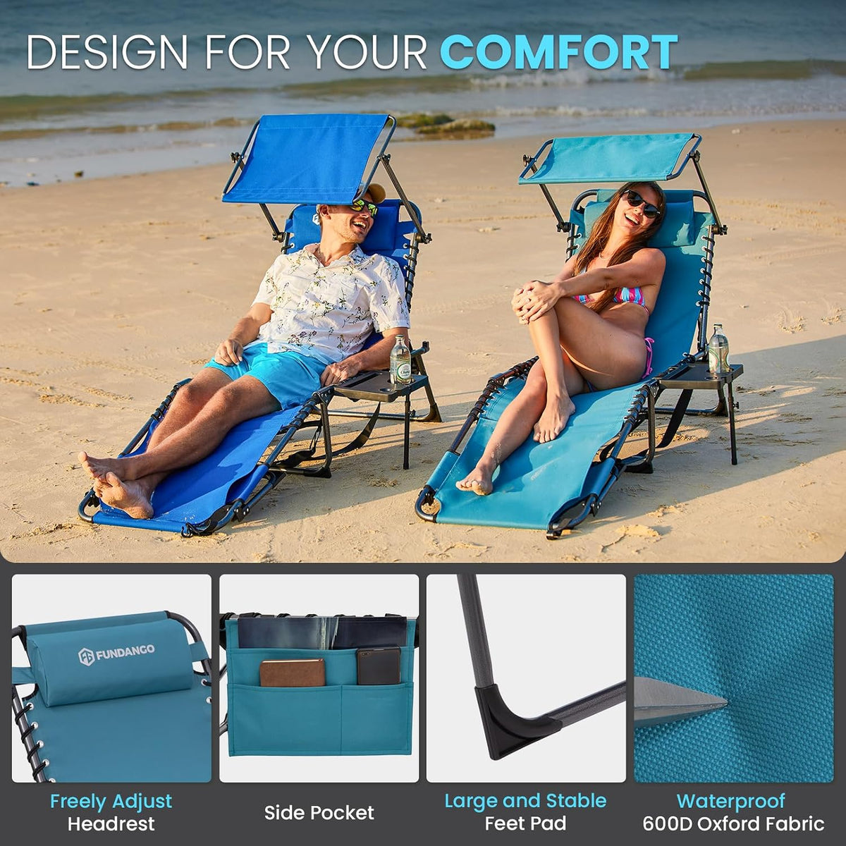 FUNDANGO 400lbs Heavy Duty Tanning Chair with Face Hole & Canopy, Cyan