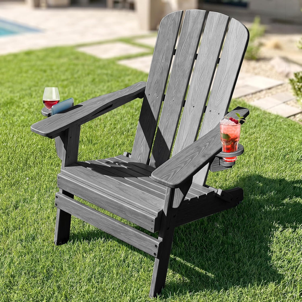folding adirondack chairs with cup holder, adjustable reclining shown in use
