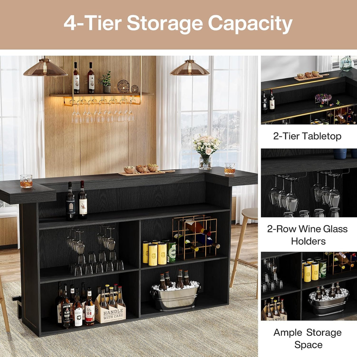 Tribesigns 4-Tier Bar Table, 70.9-Inch Large Home Bar Unit, Black
