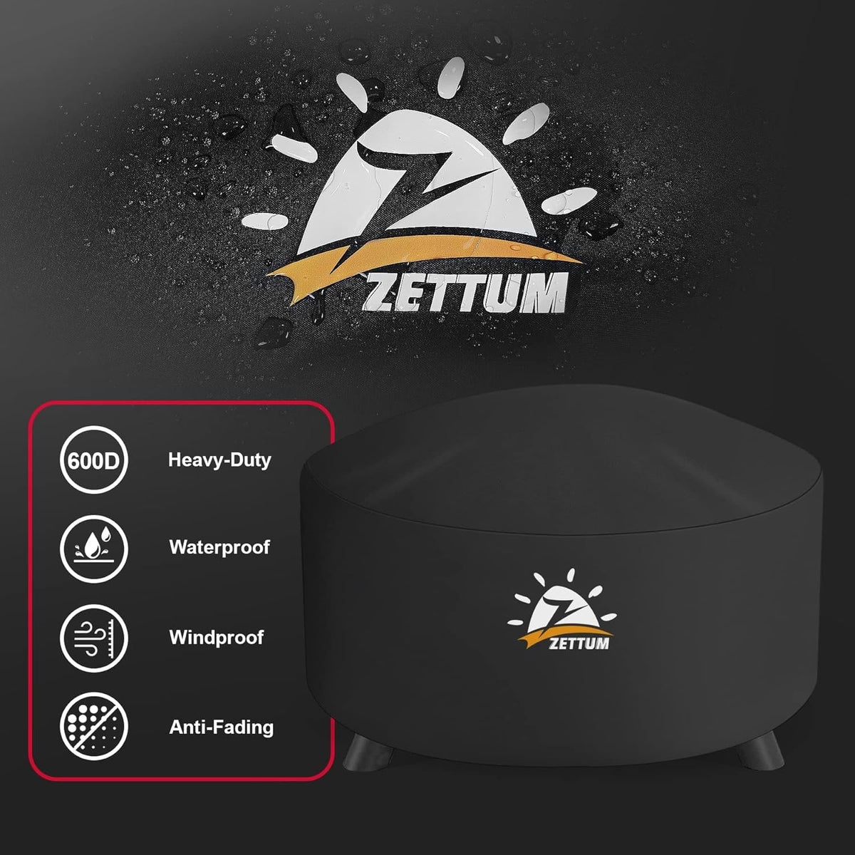 Zettum Fire Pit Cover Round 60 Inch - Outdoor Firepit Cover Heavy Duty & Waterproof, 600D Patio Fire Table Cover Large Gas Fire Pit Accessories Fade & Weather Resistant - 60 x 60 x 24 Inch