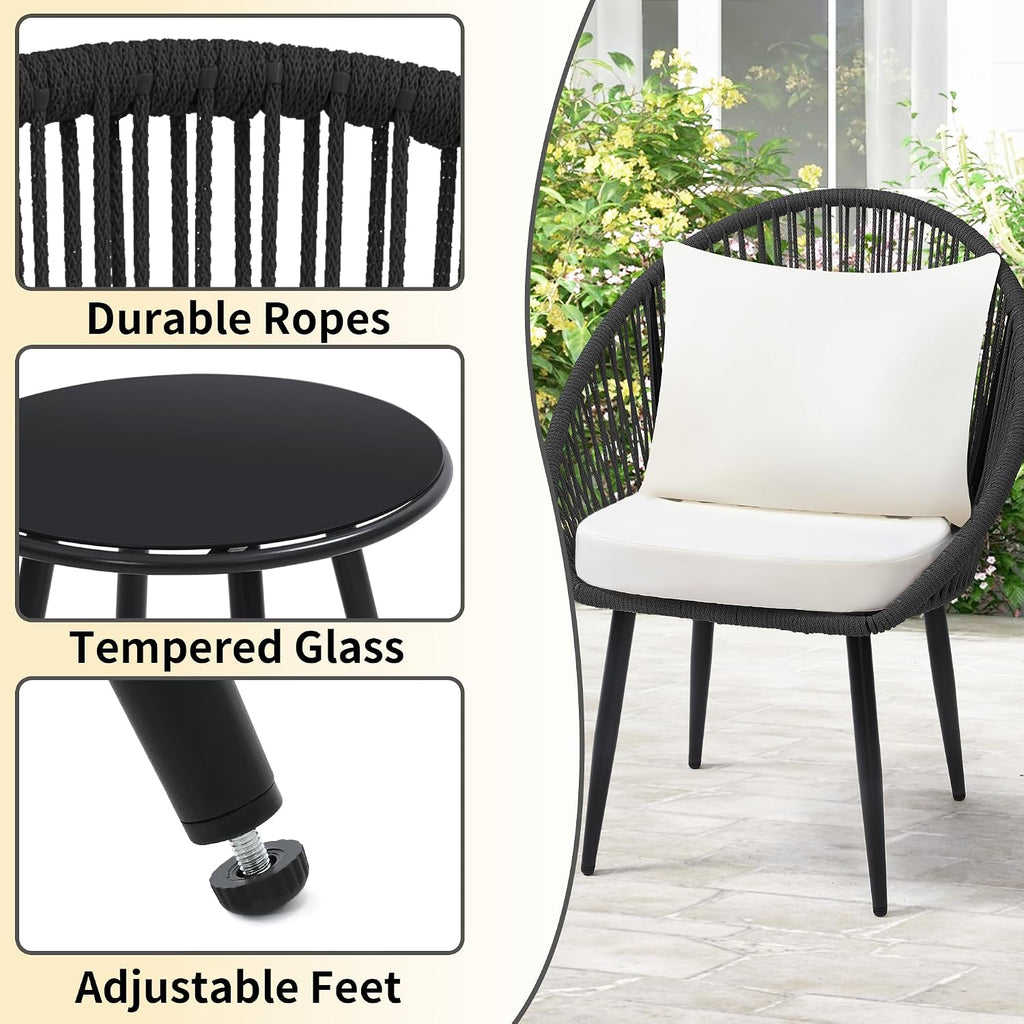 wildformers 3-piece bistro set, woven rope chair with showing dimensions